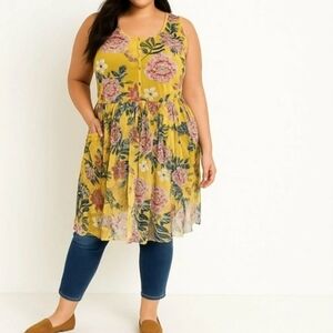 Cato Mustard Floral Sleeveless Tunic 26/28 Like New